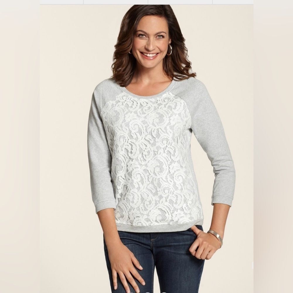 Market & Spruce Small Stitch Fix Lace Front Raglan Gray Cream Boho Top